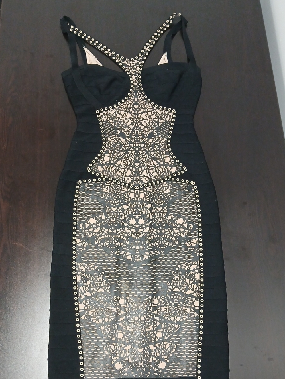 Herve Leger Black & Nude Geometric Patterned Bodycon Bandage Dress(S)